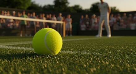 Close-Up Tennis Ball on Grass Court with Players in Background – Wimbledon Championship Moment
