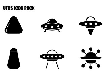 UFOs icon pack with various shapes and sizes of UFOs in a flat design. Simple, graphic UFOs icons on a plain white background.