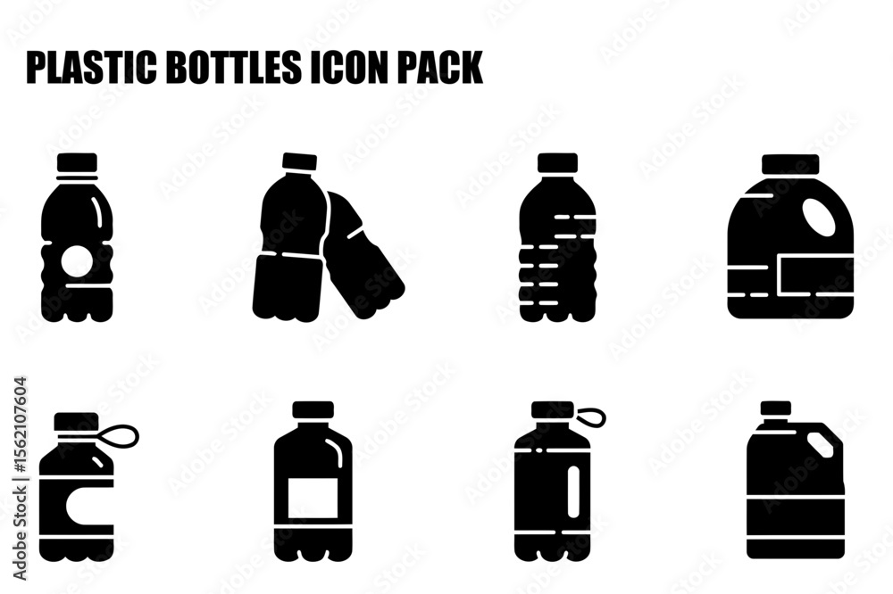 Aufkleber plastic bottles various styles in a solid black icon set. different bottle shapes and features displ