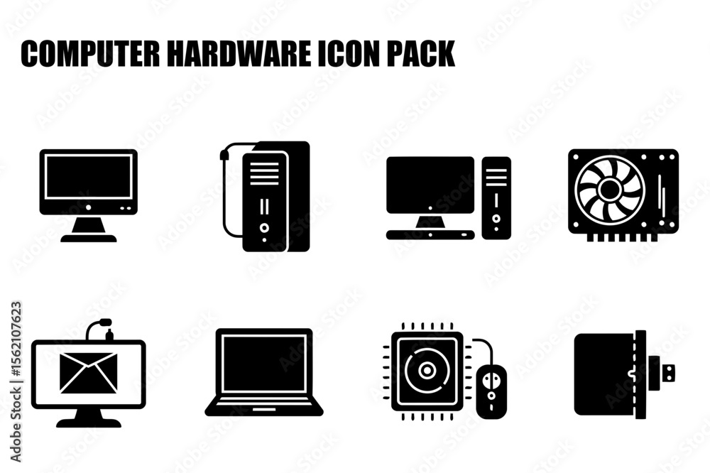 Poster computer hardware icons for diverse computer components in a simple, flat design.