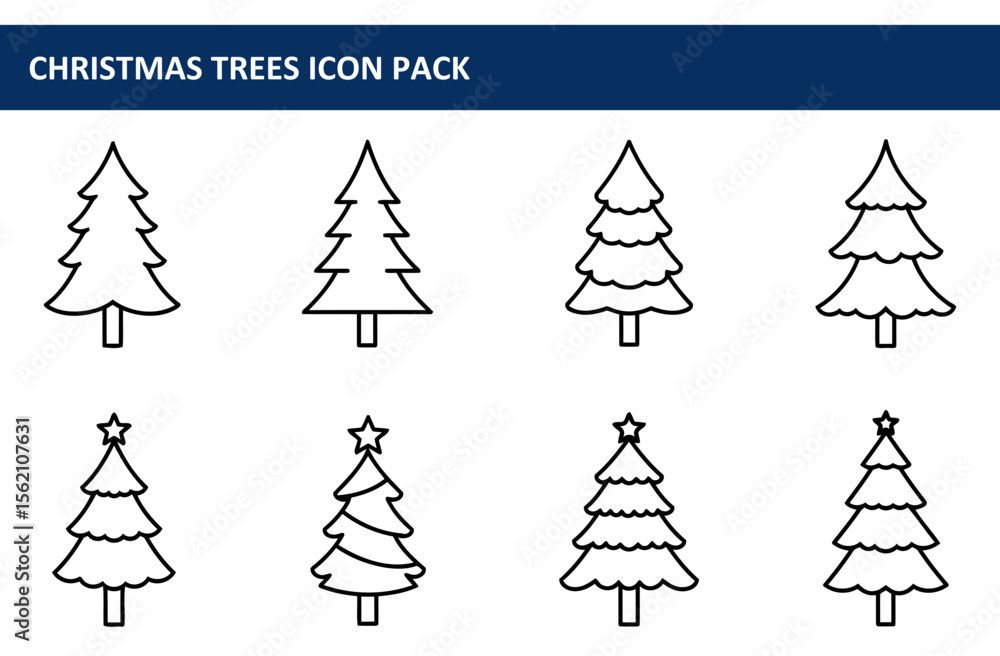 Poster christmas tree icons in various styles with a simple design. collection of flat outline christmas tr
