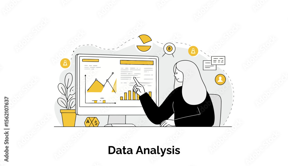 Poster female data analyst in a casual office setting, pointing to data on a computer screen. a young woman