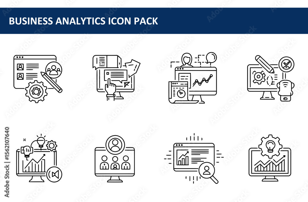 Poster business analytics icon pack illustrating various data analysis tools and processes. modern, digital