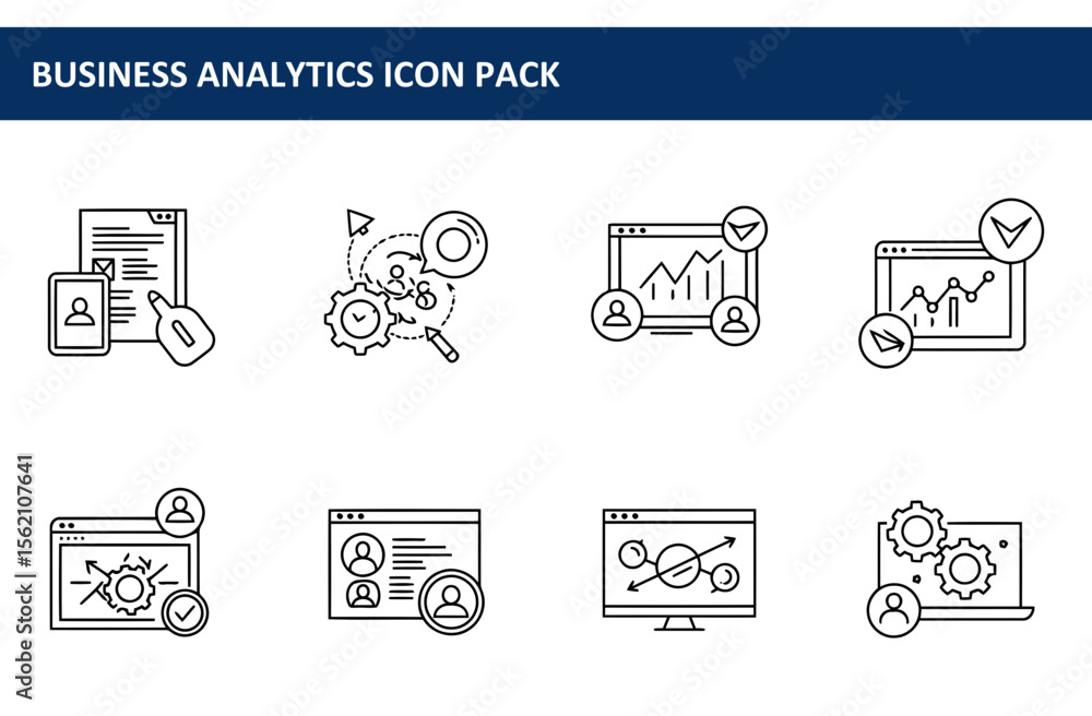 Poster business analytics icons in a simple line art style. collection of various icons depicting data anal