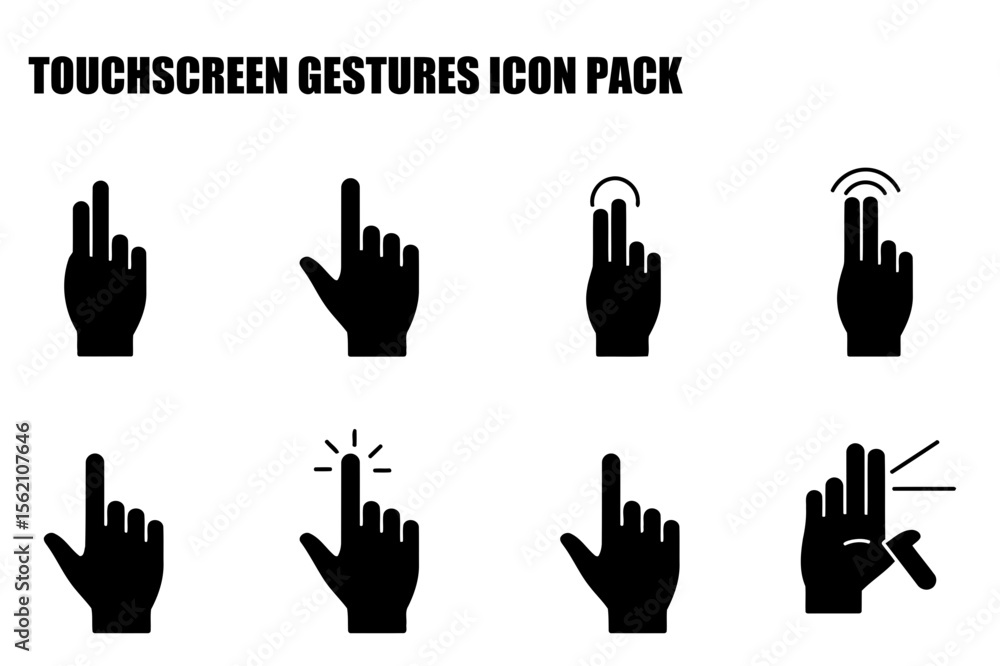 Poster touchscreen gesture icons in a simple, black and white design. graphic representation of hand gestur