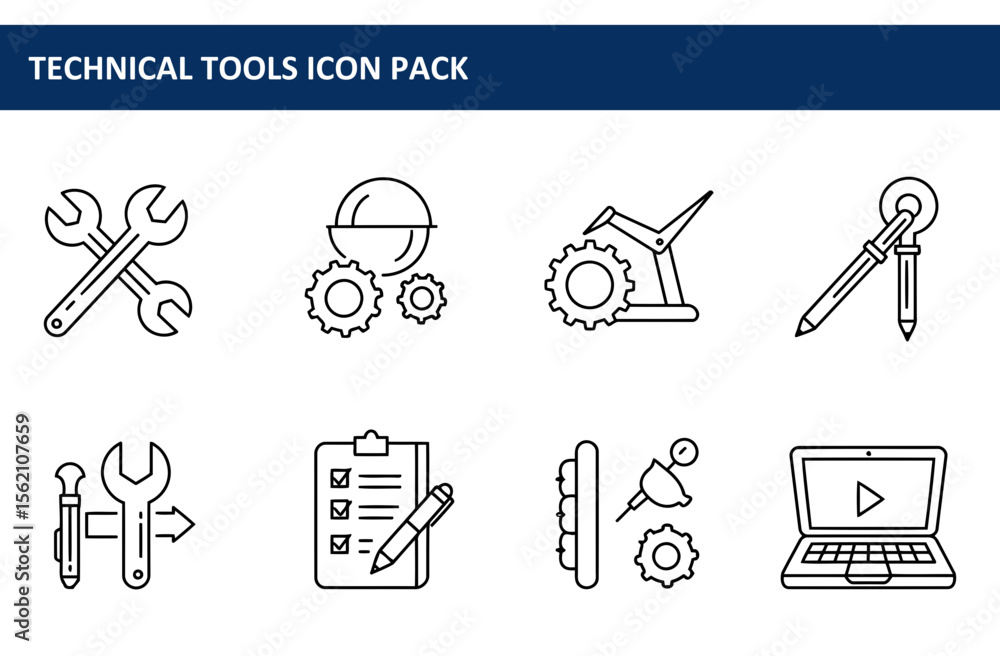 Poster technical tools icons set in a simple, clean line style. a collection of various tools and mechanism