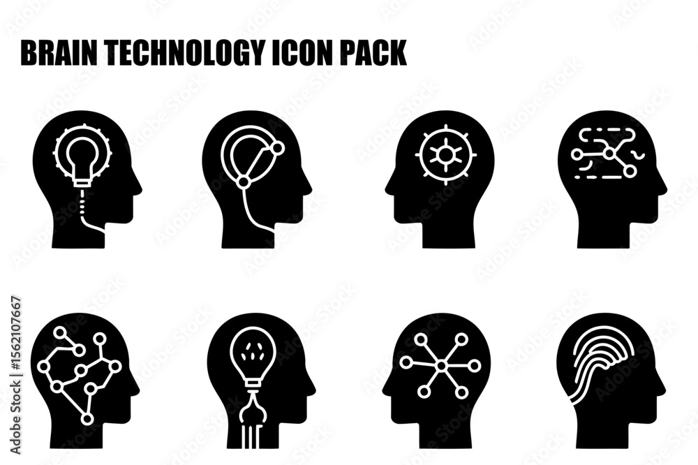 Poster brain technology icons depicting various conceptualizations of innovation and connection in the huma