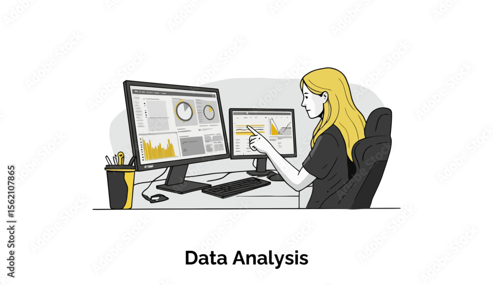 Poster female data analyst reviewing data on multiple computer screens in a modern office setting. focused 