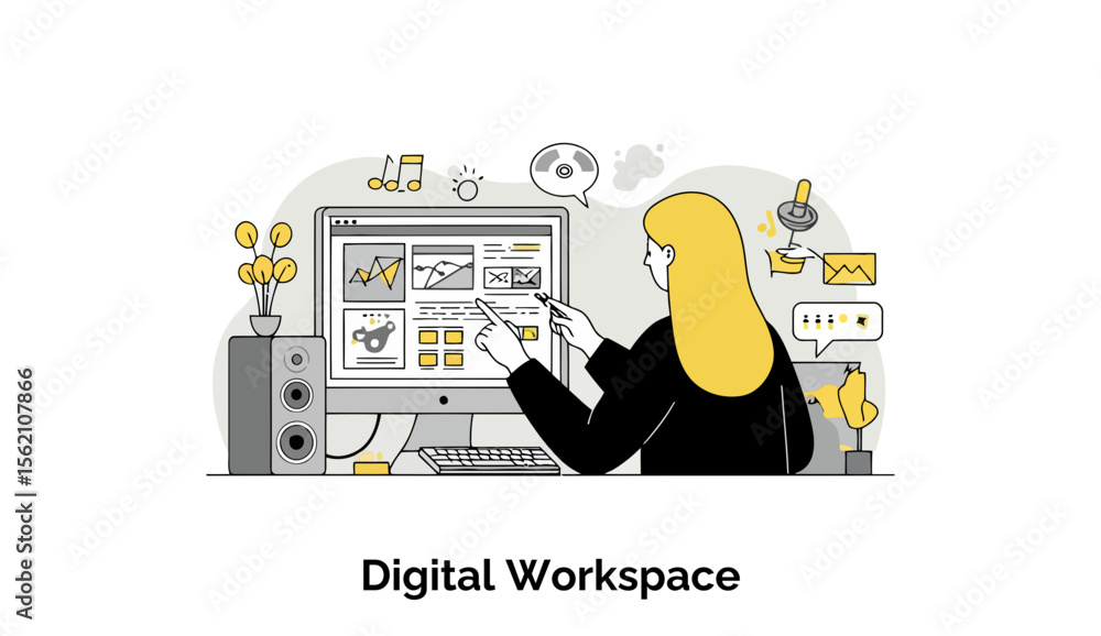Poster a female graphic designer in a professional black outfit interacts with a computer screen displaying