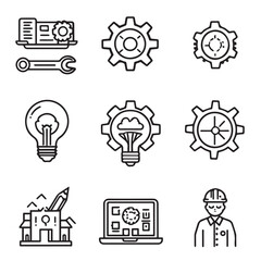 Vector art of a set of engineering and technology icons including gears, a wrench, a lightbulb, and a laptop are isolated on white background