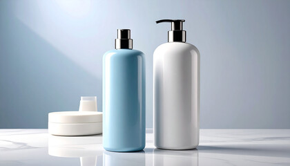 Elegant Blue and White Pump Bottles Modern Cosmetic Packaging Design