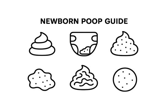 Newborn poop guide: illustrations of diaper and stool types vector icon isolated illustration