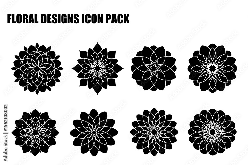 Poster black and white floral design icons in a graphic design context. abstract, symmetrical flower shapes