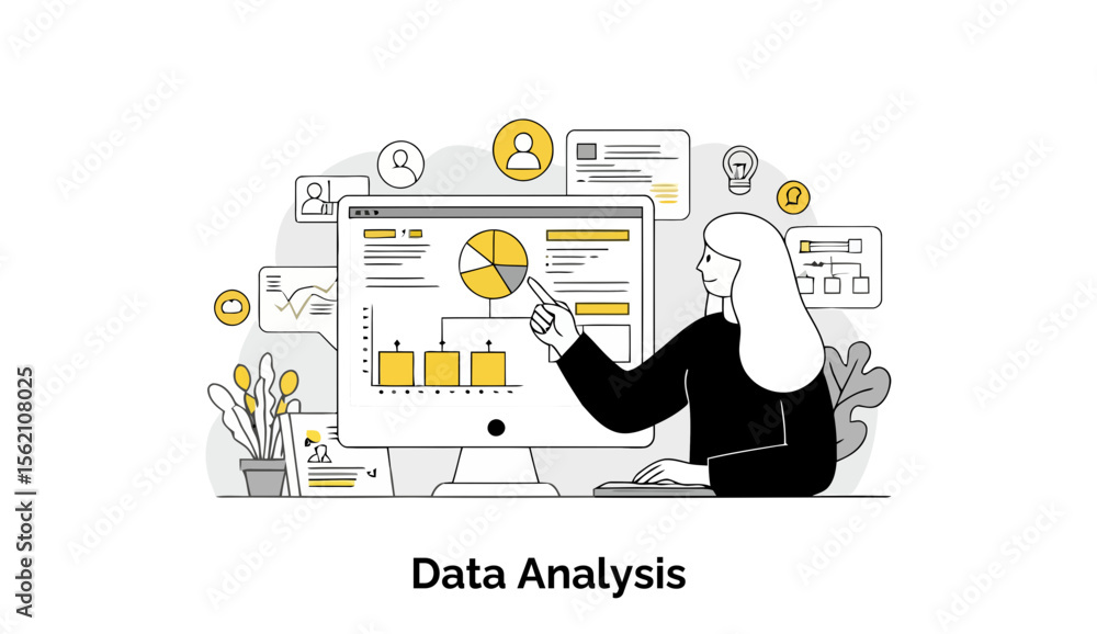 Aufkleber female data analyst in business casual attire presenting data on a computer screen in a modern offic