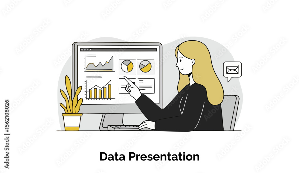 Poster a young woman in a business suit points to data on a computer monitor in an office setting. female d