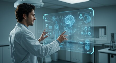 Man in lab coat interacts with transparent digital interface displaying anatomical info