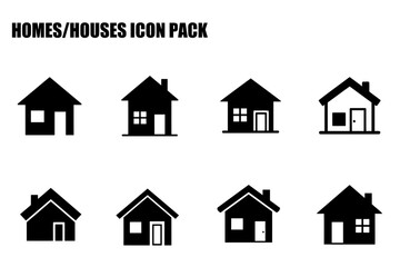 Fototapeta premium Black and white house icon set for real estate use. Simple, symmetrical representations of various house styles displayed against a plain background.