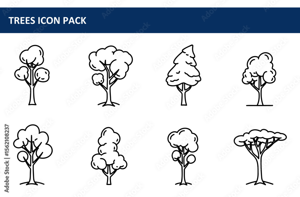 Poster Vector illustration of various tree types in a simple, outline style. Collection of diverse tree silhouettes in a nature or environment concept.