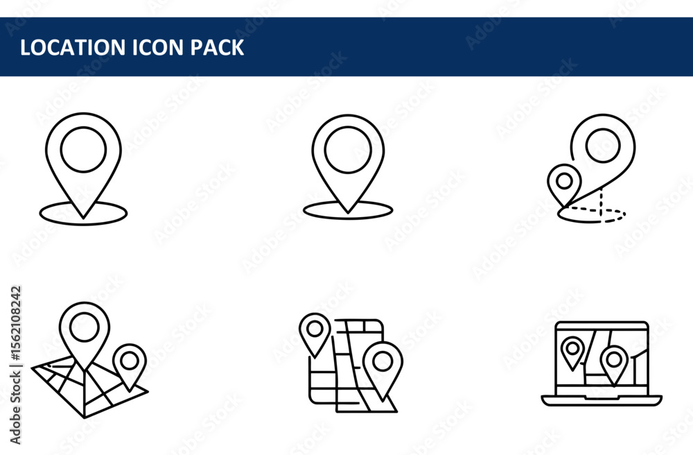Poster location icon pack with various map markers and map representations. simple line drawings of locatio