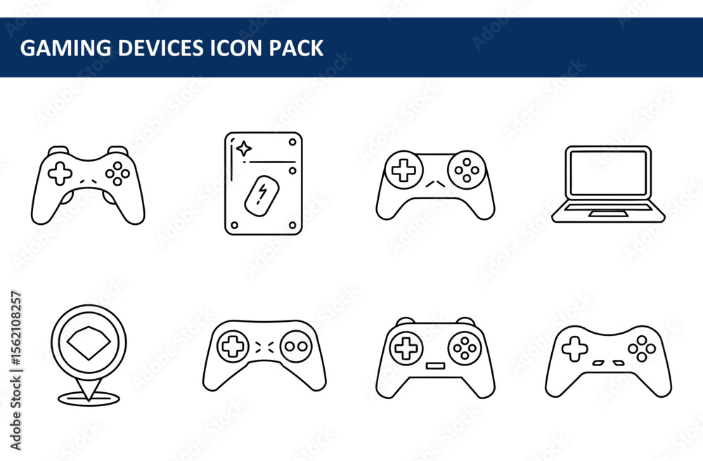 Poster gaming device icons in various styles. simple line art illustrations of game controllers, hard drive