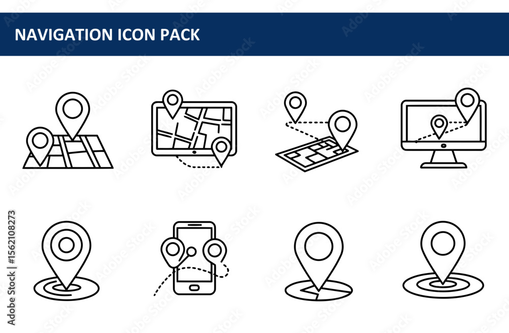 Poster navigation icon pack showcasing various devices with location markers