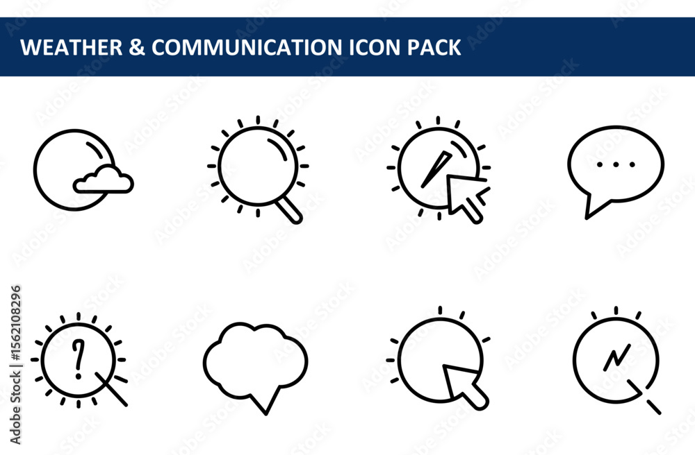 Poster weather and communication icons set in various actions. simple, black line icons for weather and com