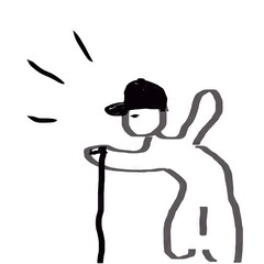 Simple line drawing of figure leaning on cane with cap  