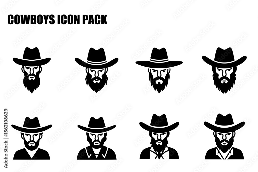 Poster cowboy icon set with various poses in western style headshots. set of icons for a graphic design pro