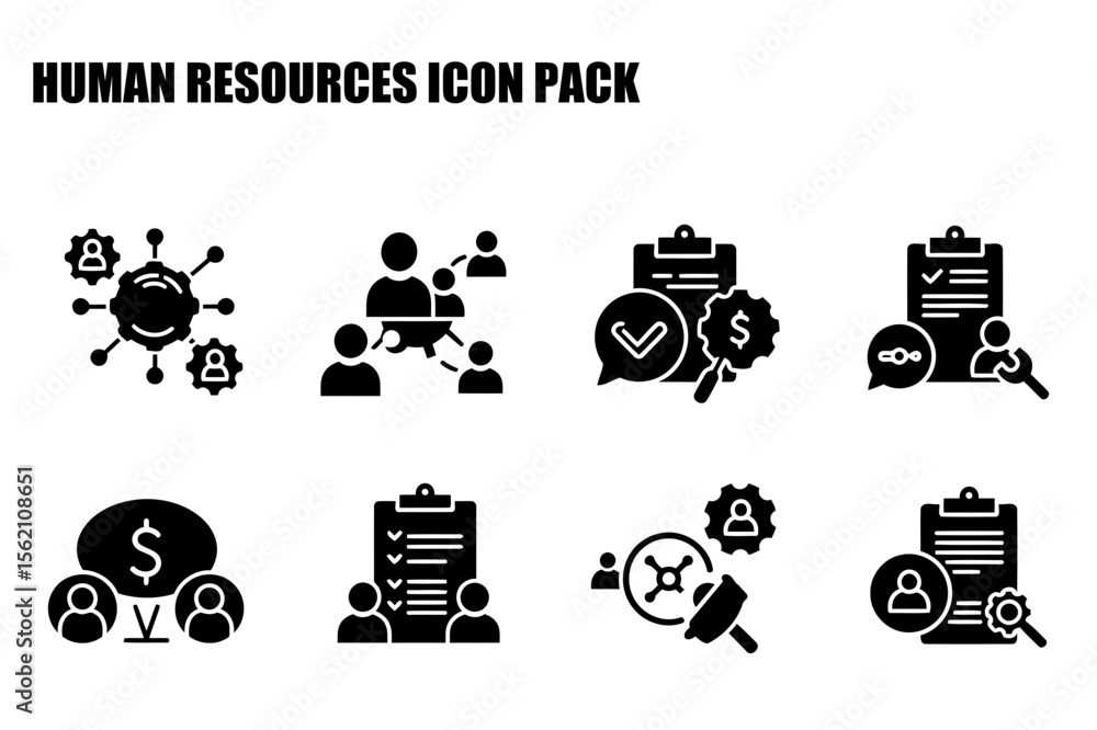 Poster human resources icon set for various hr tasks with a diverse range of roles in business settings.