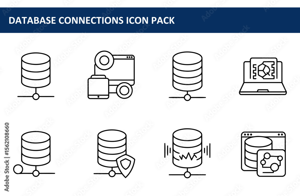 Poster database connections icons depicting various actions and locations. simple line art icons with a neu