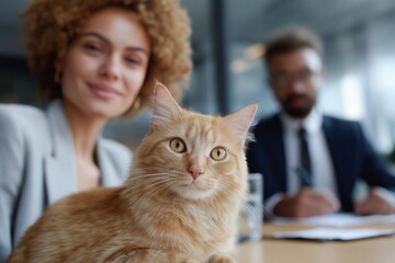 Orange cat in office setting with two adults in background