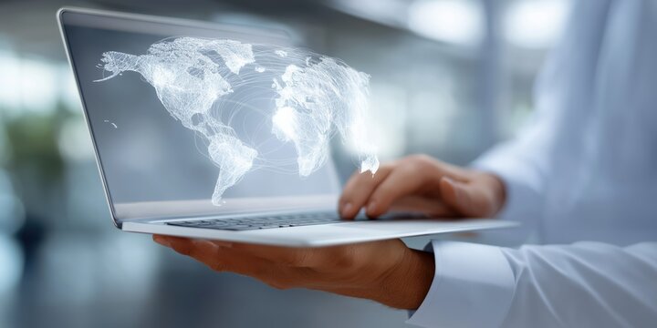 Businessman with digital world map on laptop screen in modern office