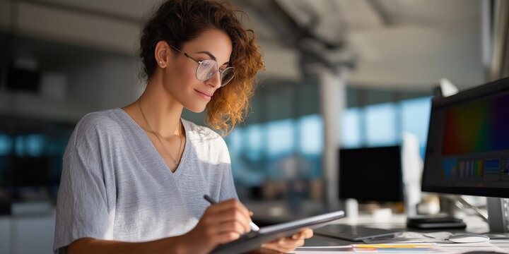 Young caucasian female designer working on digital tablet in modern office - Powered by Adobe
