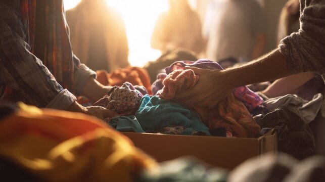 The hands sorting colorful clothing in a communal donation drive.