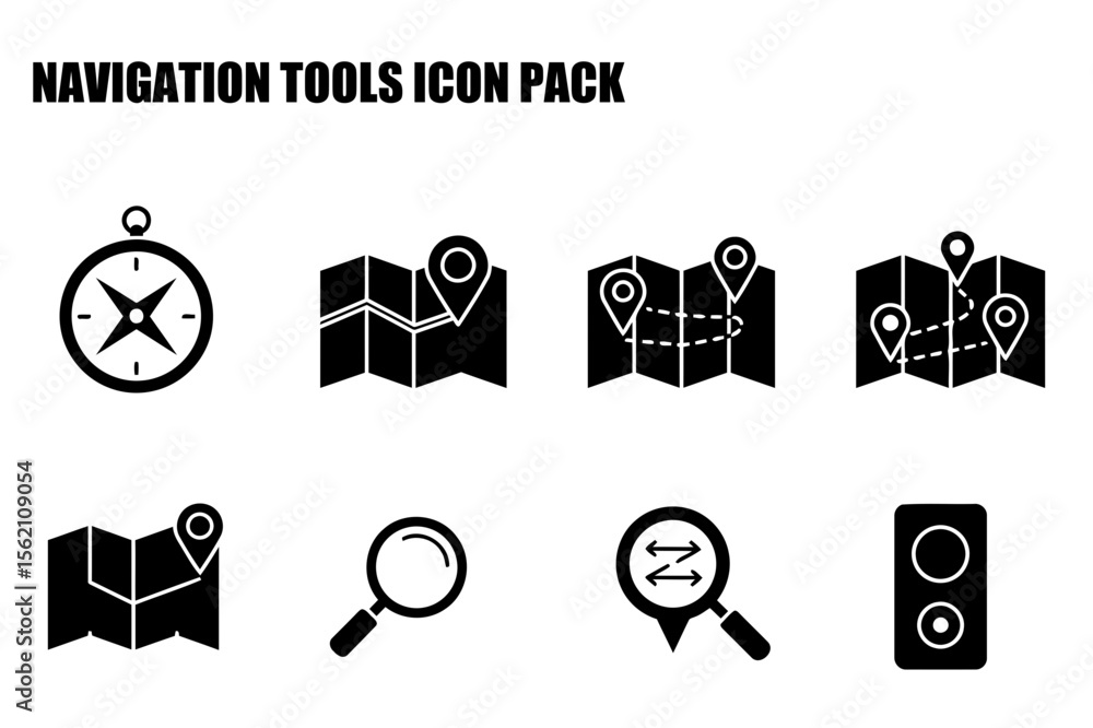 Poster navigation tools icons in a set for a user interface. simple, black and white icons for map navigati