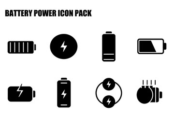 Battery power icon pack displaying various battery levels and charging actions on a plain white background.