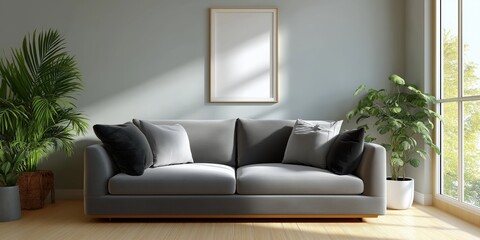 Fototapeta premium Modern living room interior with gray sofa and green plants in sunlit space