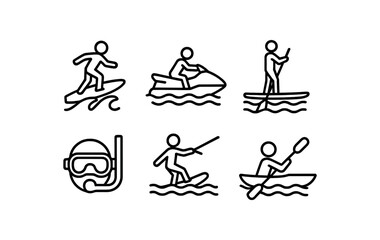 Water sports icons - surfing, jet skiing, paddleboarding, snorkeling, wakeboarding, kayaking vector icon isolated illustration