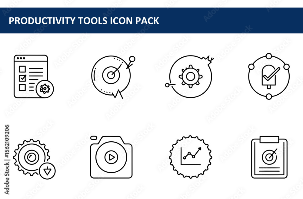 Poster productivity tools icons in a simple line art style. collection of diverse productivity tools, with 