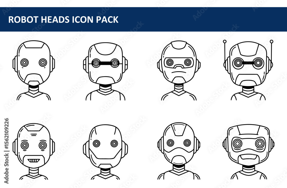 Poster robot head icons in various expressions for a graphic design project. simple line art illustrations 