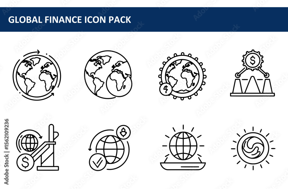 Poster global finance icons featuring a world map with various financial concepts. simple line art designs 