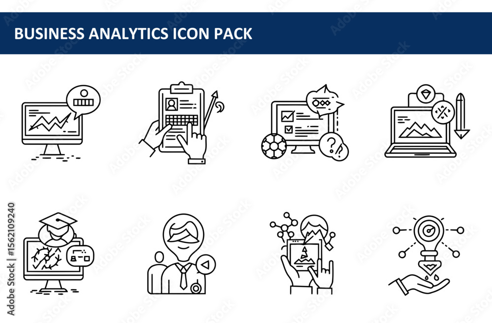 Poster business analytics icon pack depicting various data analysis processes. illustrations of user intera