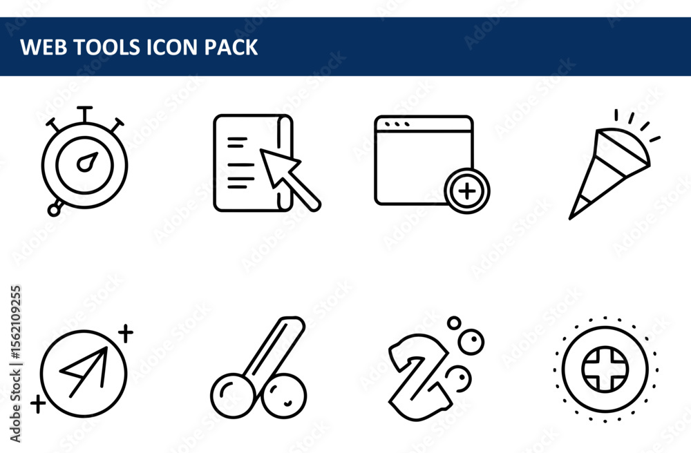 Poster web tools icon pack depicting various internet tools and actions in a simple, clean, linear style.