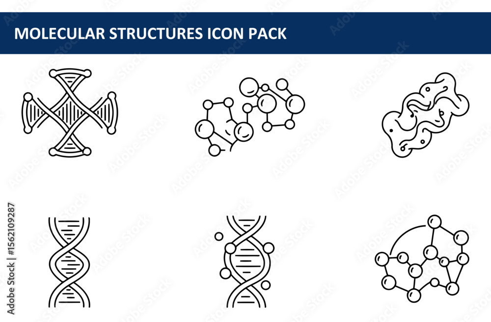 Poster molecular structures icons in a simple line art style. abstract representations of dna, molecules, a