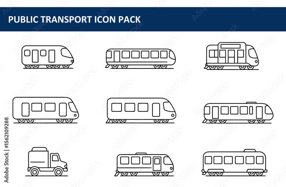 Aufkleber public transport icon set with various train and bus illustrations. side view of multiple public tra