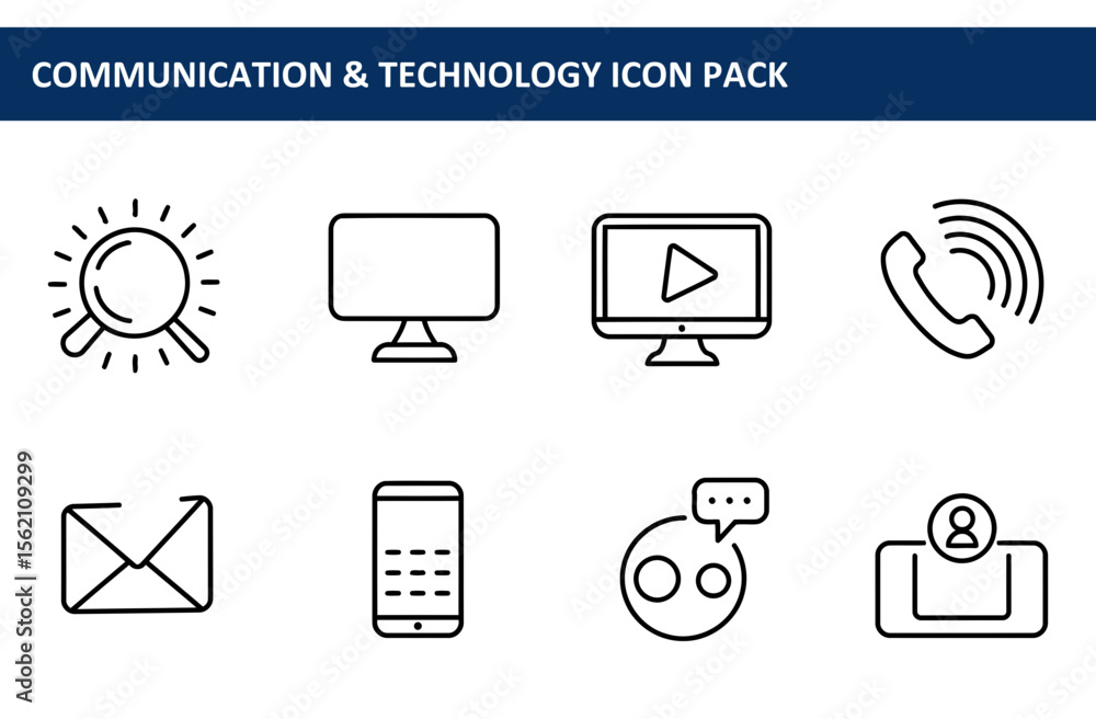 Poster line art icons depicting various communication and technology tools. simple, modern icons for use in