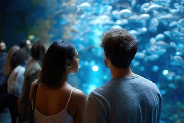 Young caucasian couple enjoying aquarium visit with diverse group