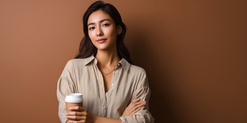 Confident asian young woman holding coffee against brown background