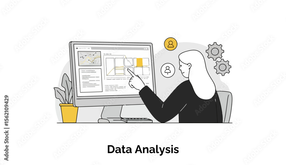  female data analyst in business attire pointing at a computer screen displaying data visualizations 