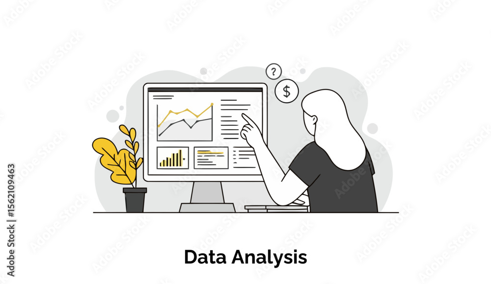 Poster female data analyst reviewing financial data on a computer screen in an office setting. young woman 